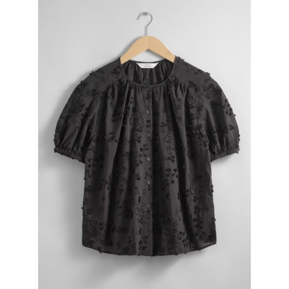 & Other Stories Black Floral Embroidered Puff Sleeve Oversized Blouse Top US 6
